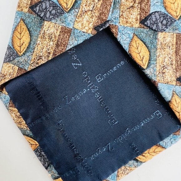 Ermenegildo Zegna Disegno Esclusivo 100% Silk Necktie‎ Fall Leaves Blue Tan - Picture 4 of 7